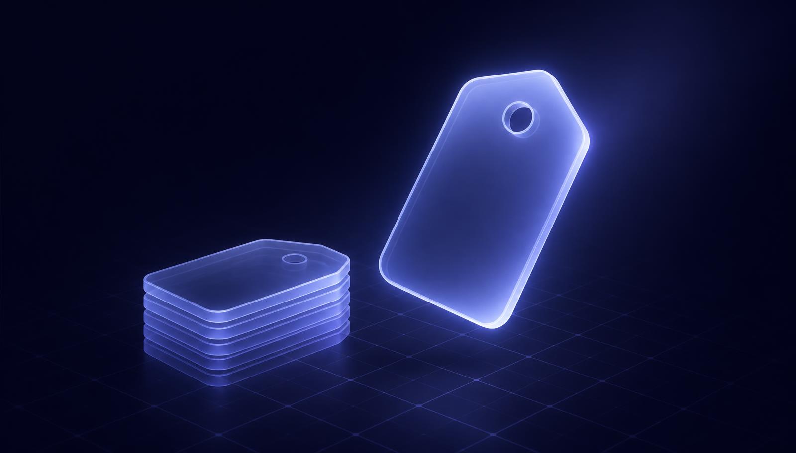 A stack of glowing translucent price tags with one tag enlarged
