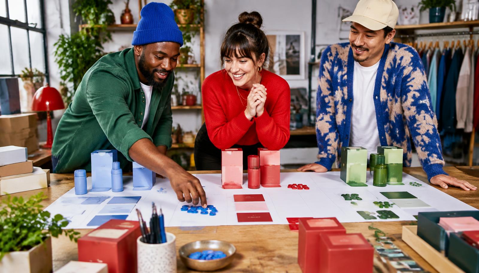 Three retail founders allocating budget tokens between colourful products